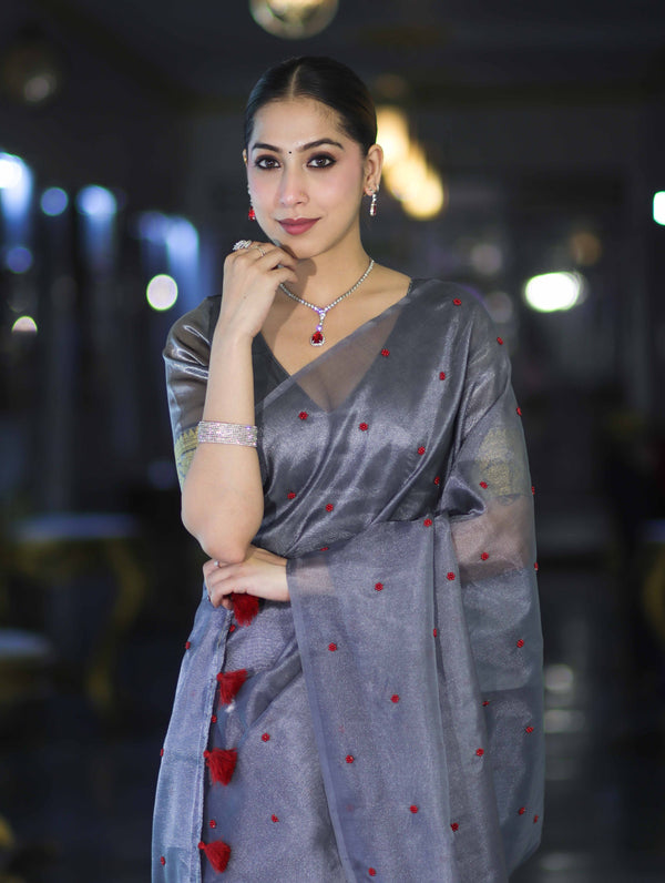 Banarasee Handwoven Tissue Saree With Handwoven Pearl Motifs-Grey