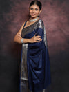 Banarasee Handwoven Semi Silk Saree With Silver Zari Border-Blue