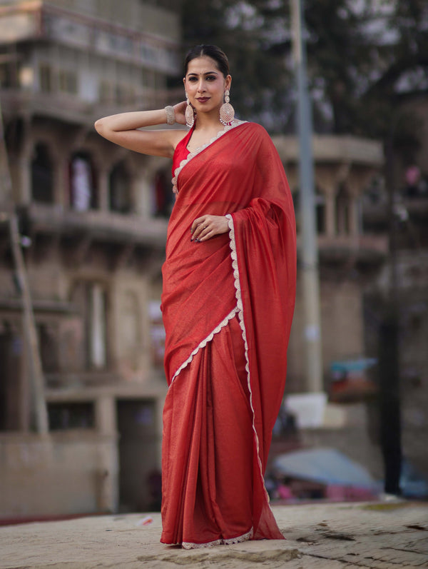 Banarasee Handwoven Shimmer Silk Saree With Lace-Red