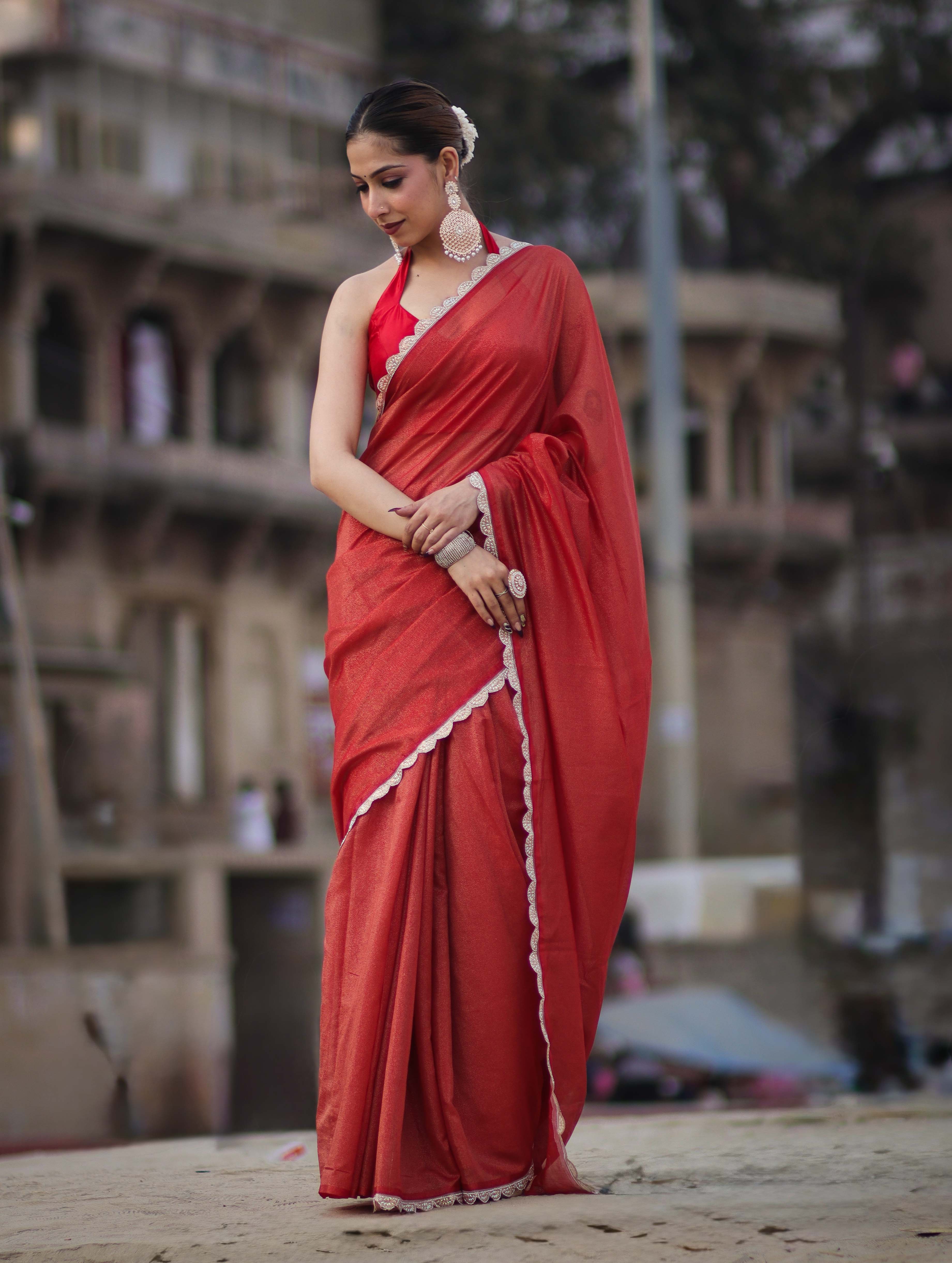 Banarasee Handwoven Shimmer Silk Saree With Lace-Red