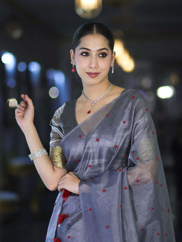 Banarasee Handwoven Tissue Saree With Handwoven Pearl Motifs-Grey