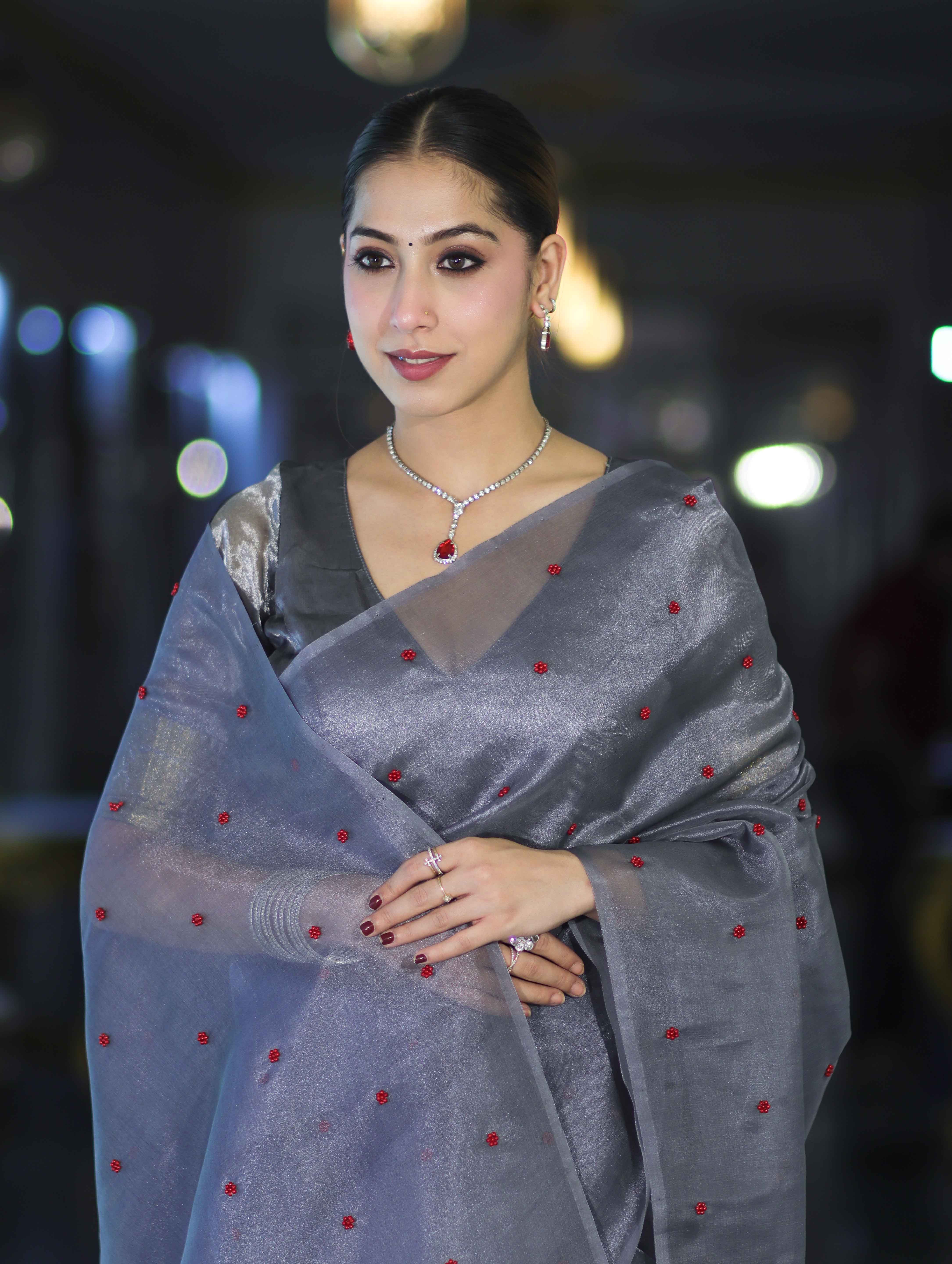 Banarasee Handwoven Tissue Saree With Handwoven Pearl Motifs-Grey