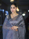 Banarasee Handwoven Tissue Saree With Handwoven Pearl Motifs-Grey