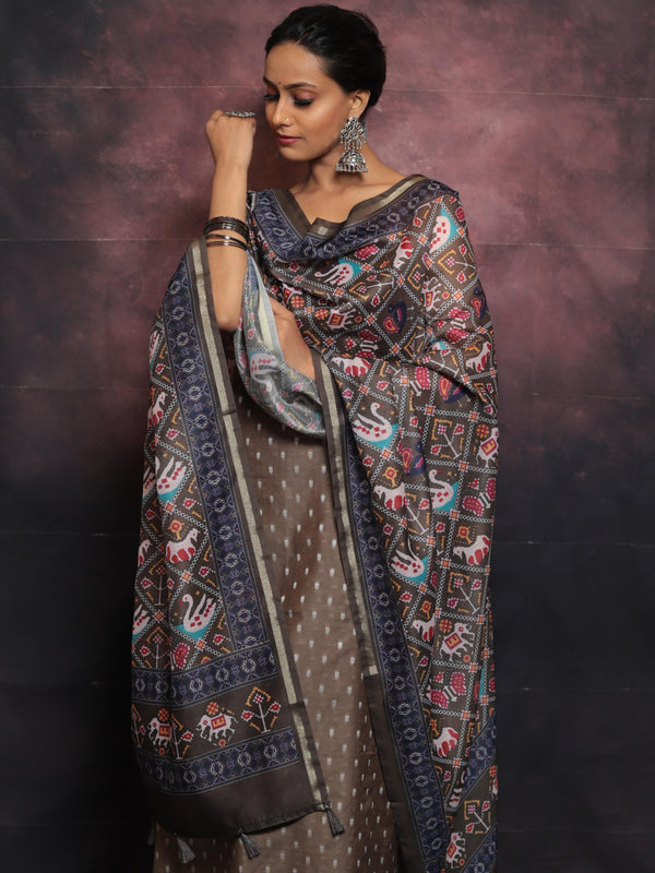 Banarasee Chanderi Silk Zari Buti Salwar Kameez With Patola Dupatta-Brown