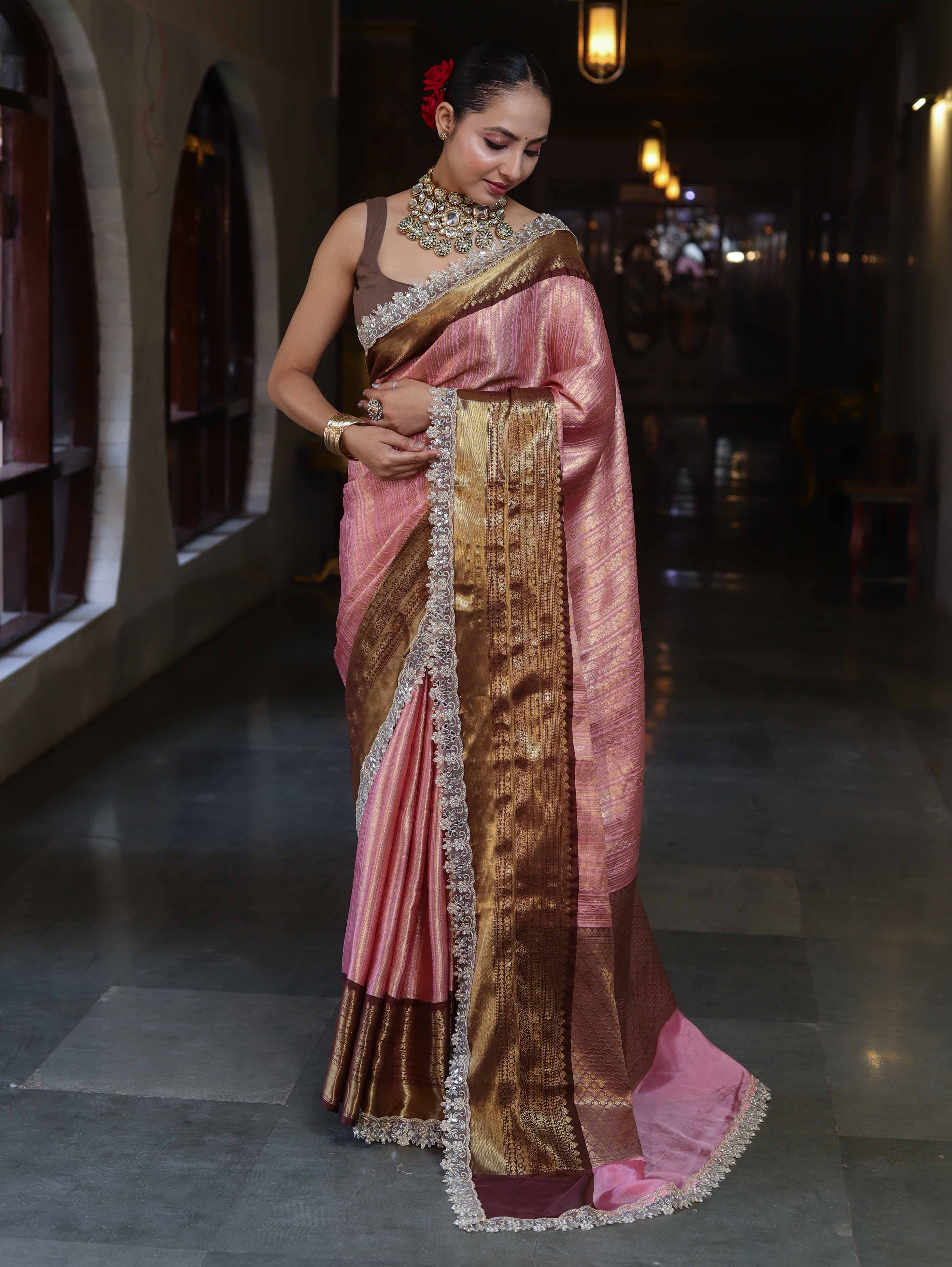 Banarasee Handwoven Tissue Saree With Zari Woven Design Contrast Border & Lace-Light Pink & Brown