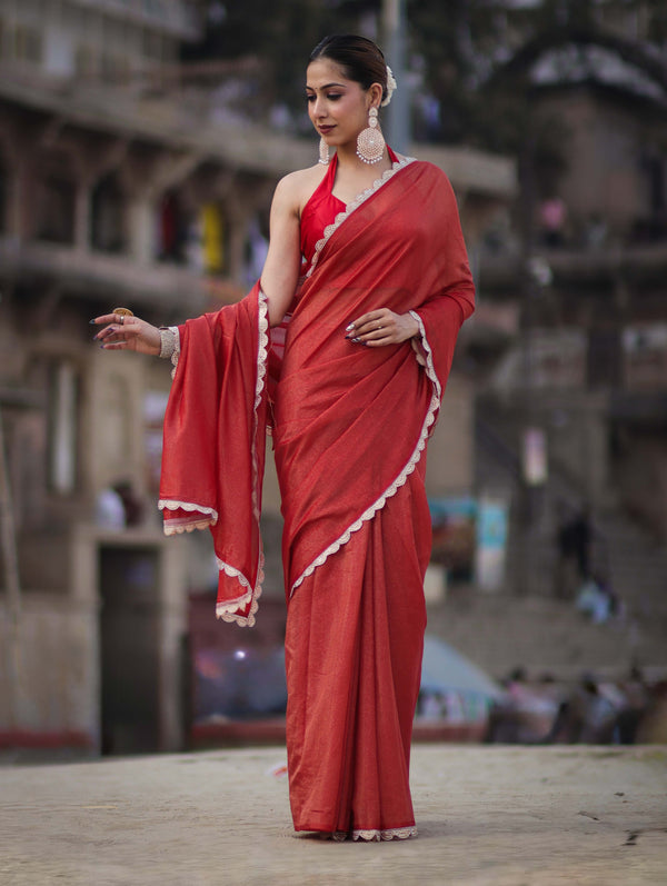 Banarasee Handwoven Shimmer Silk Saree With Lace-Red