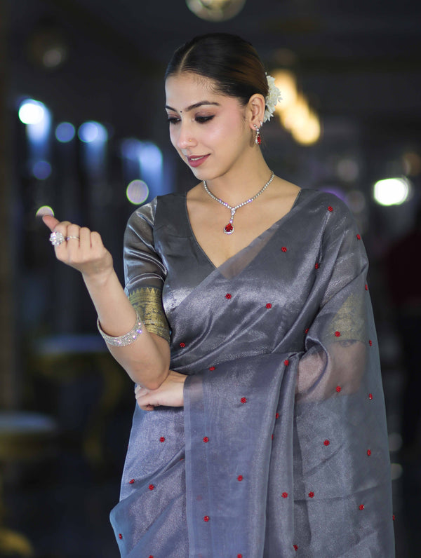 Banarasee Handwoven Tissue Saree With Handwoven Pearl Motifs-Grey