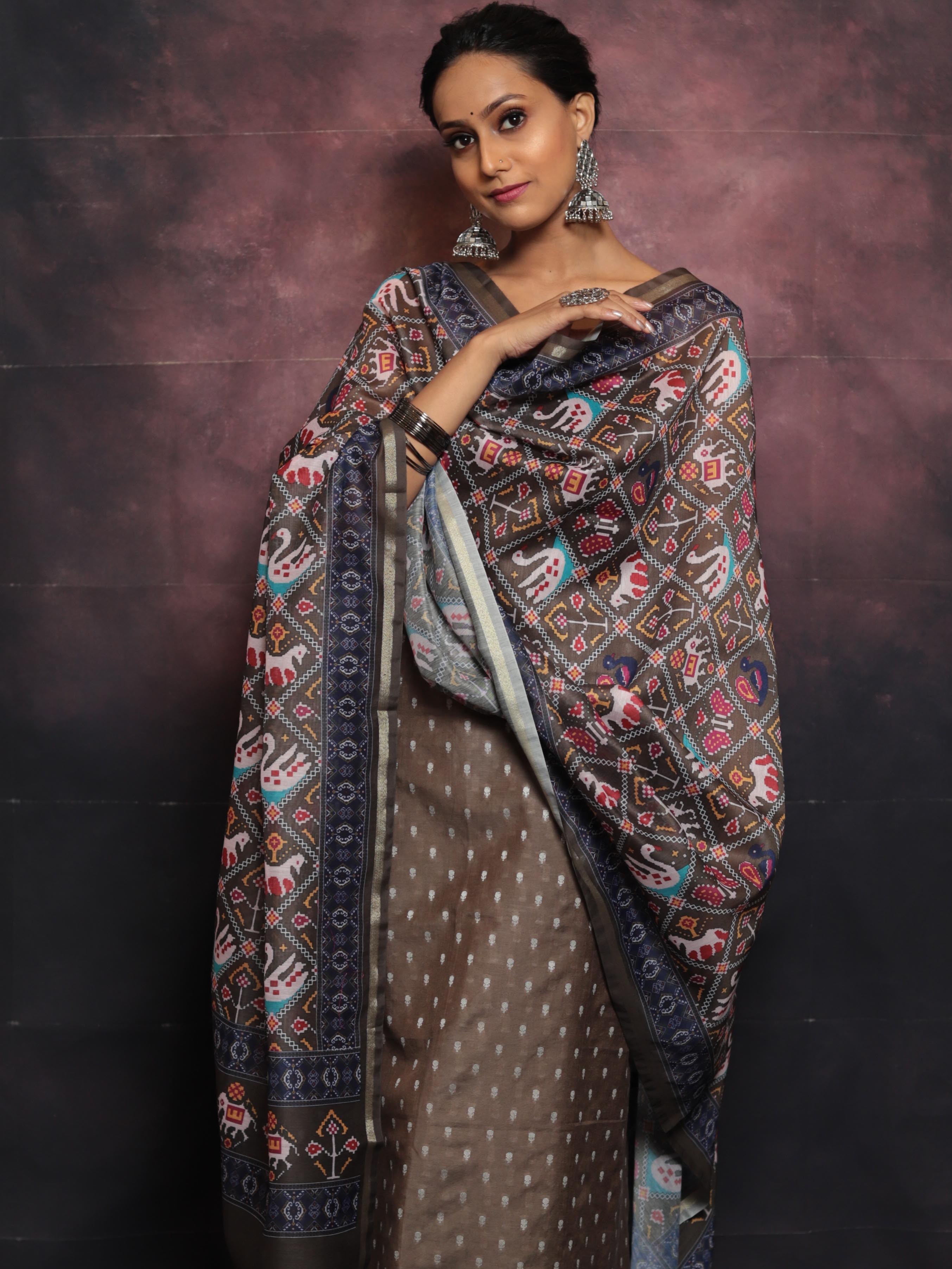 Banarasee Chanderi Silk Zari Buti Salwar Kameez With Patola Dupatta-Brown