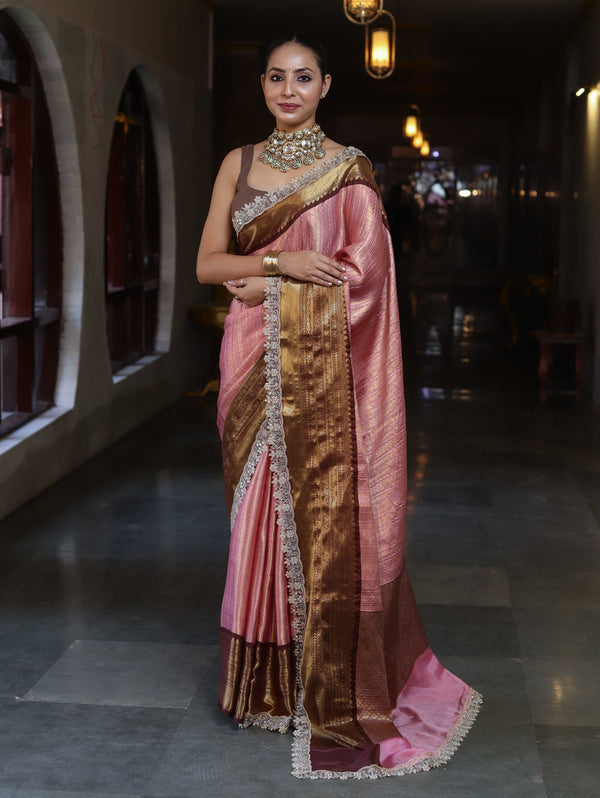 Banarasee Handwoven Tissue Saree With Zari Woven Design Contrast Border & Lace-Light Pink & Brown