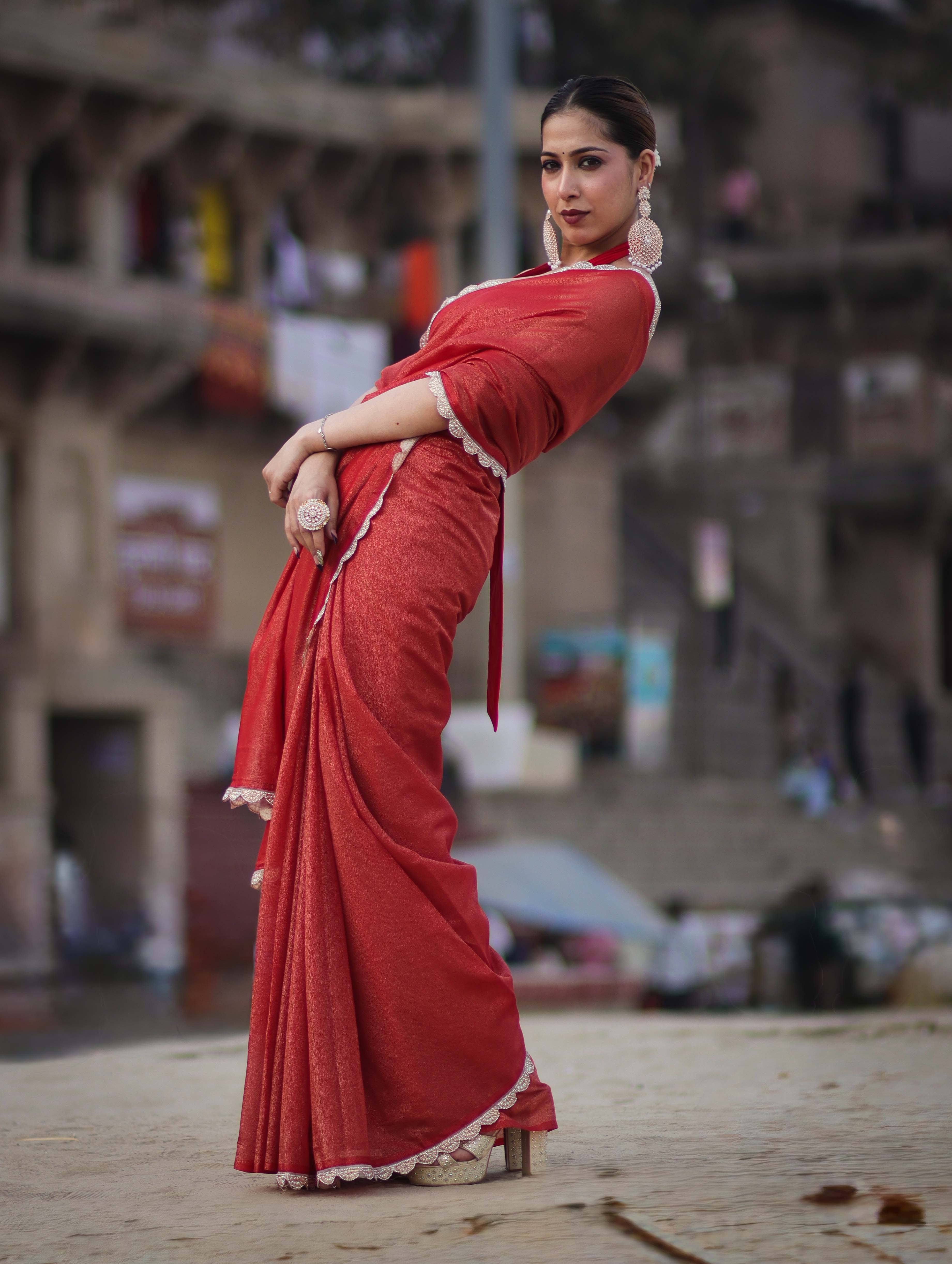 Banarasee Handwoven Shimmer Silk Saree With Lace-Red