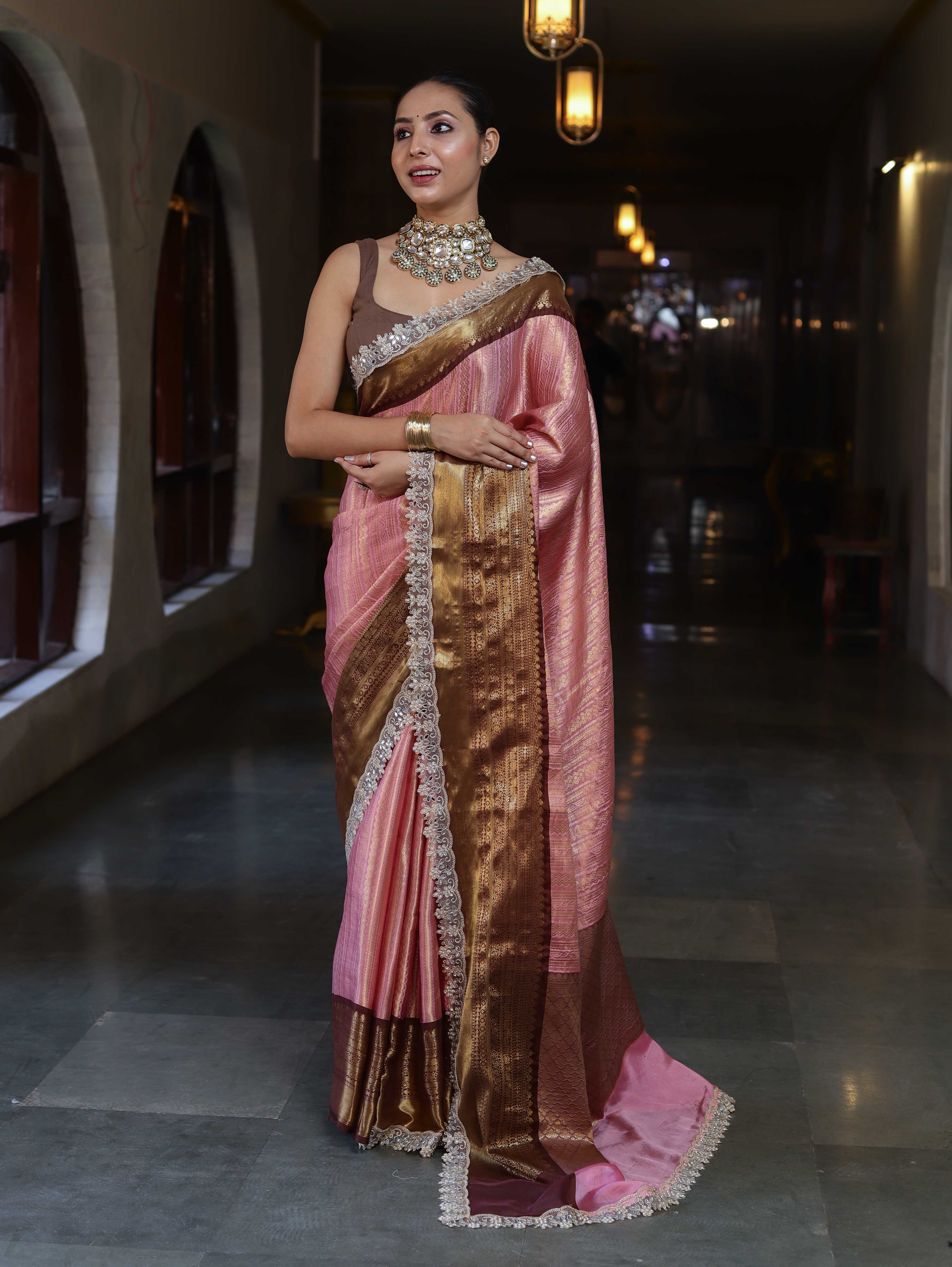 Banarasee Handwoven Tissue Saree With Zari Woven Design Contrast Border & Lace-Light Pink & Brown