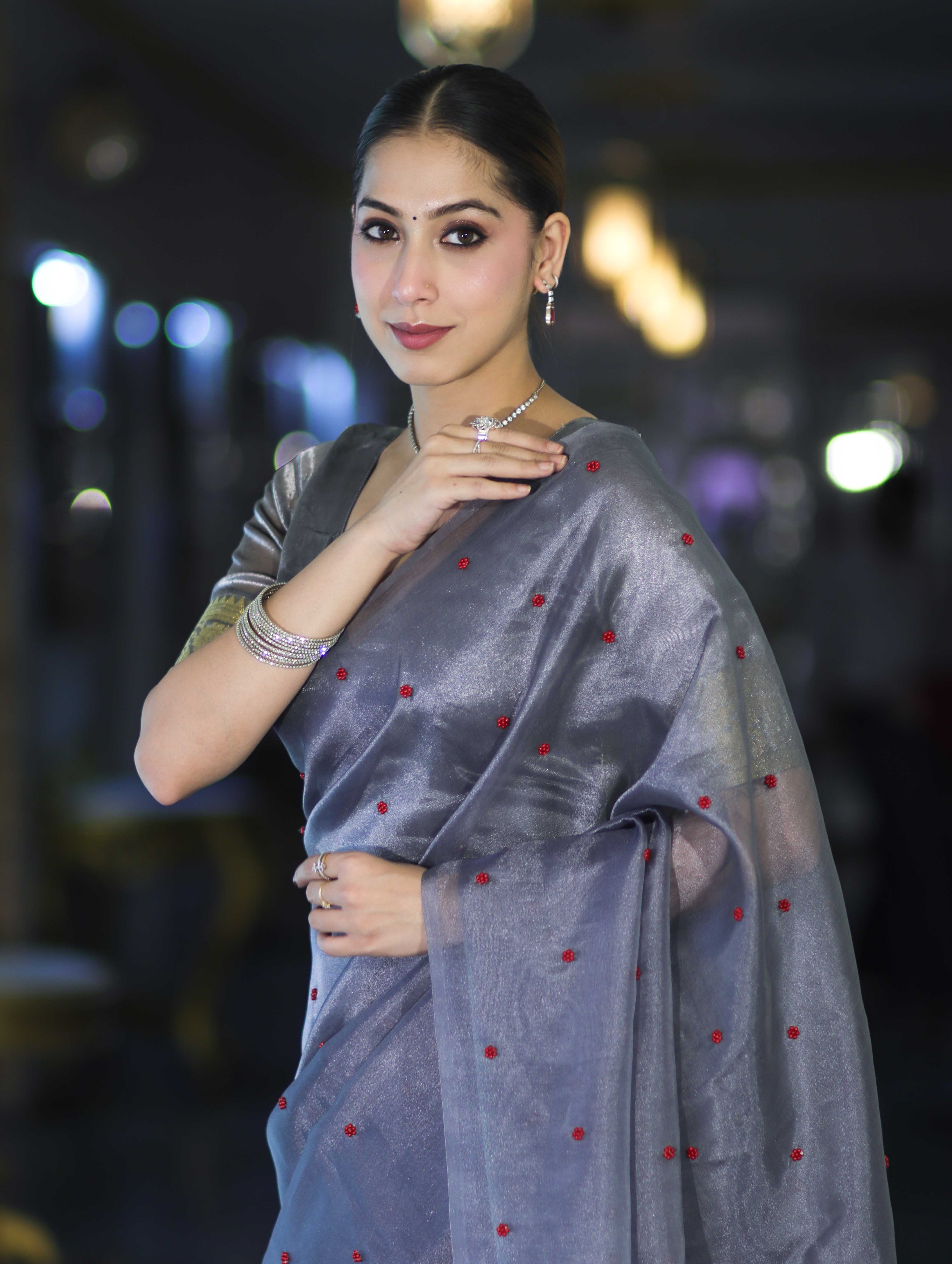 Banarasee Handwoven Tissue Saree With Handwoven Pearl Motifs-Grey