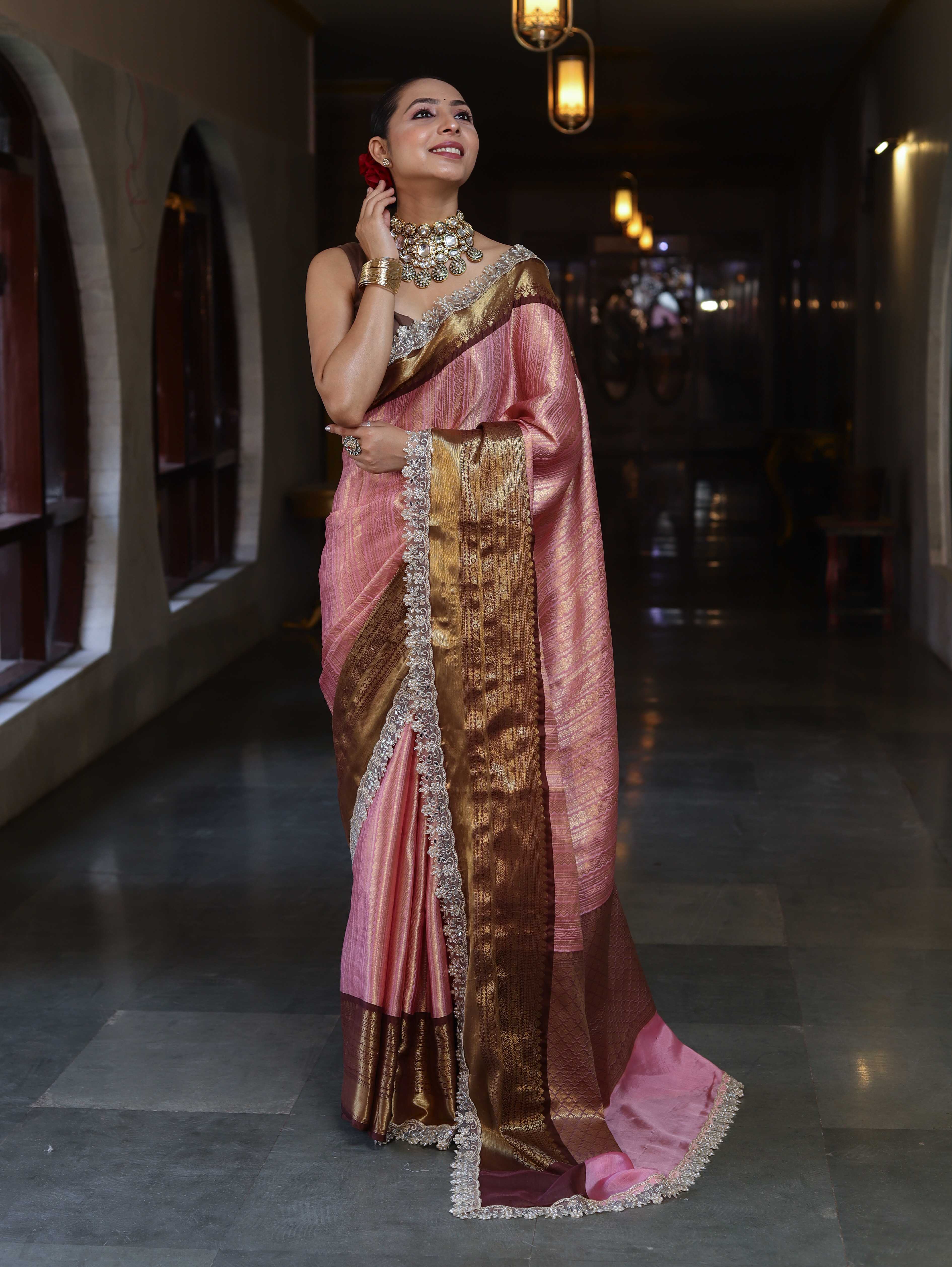 Banarasee Handwoven Tissue Saree With Zari Woven Design Contrast Border & Lace-Light Pink & Brown