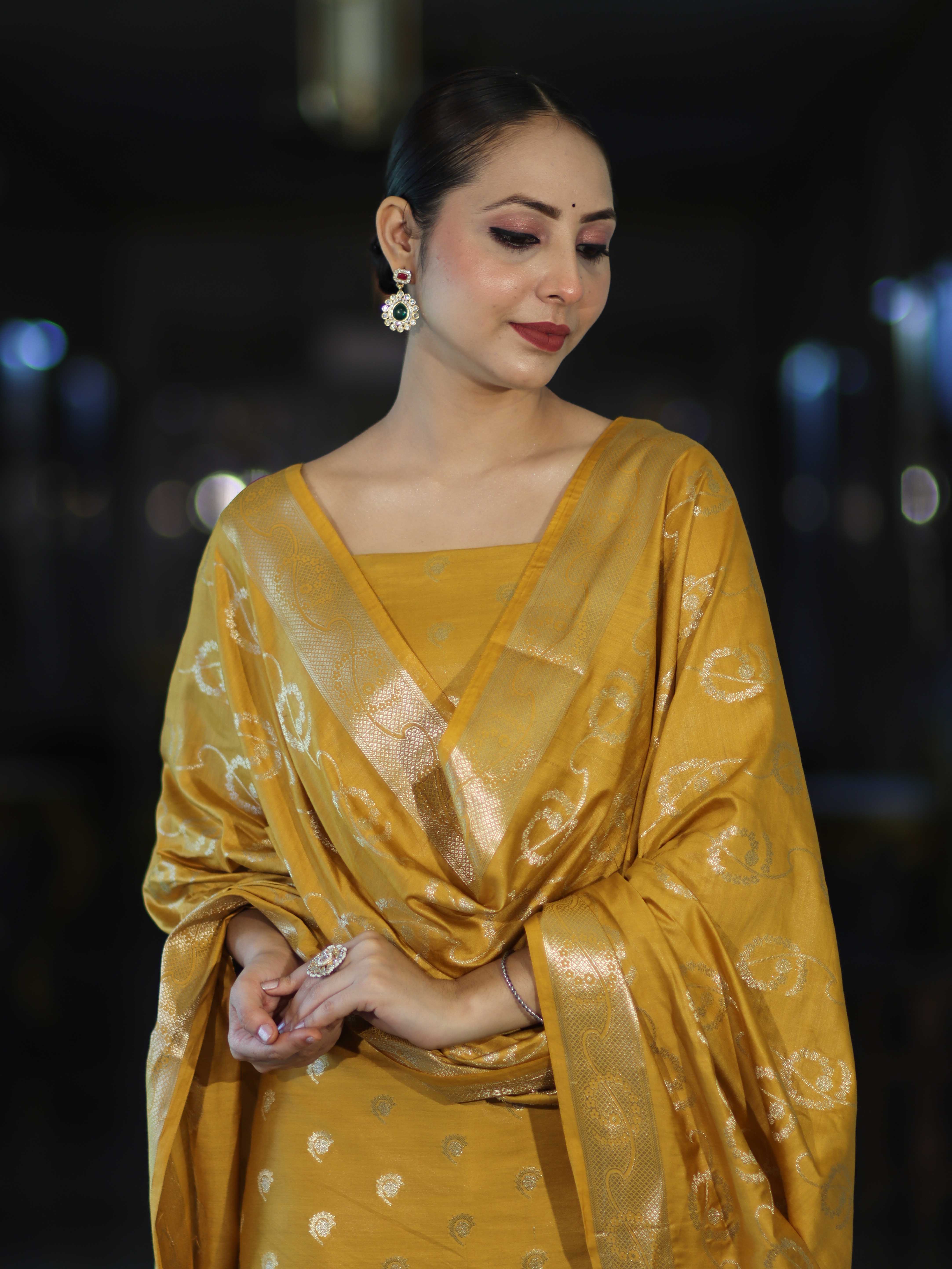 Banarasee Zari Embroidered Chanderi Silk Salwar Kameez With Dupatta Set-Mustard Yellow