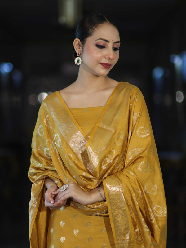 Banarasee Zari Embroidered Chanderi Silk Salwar Kameez With Dupatta Set-Mustard Yellow