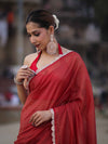 Banarasee Handwoven Shimmer Silk Saree With Lace-Red