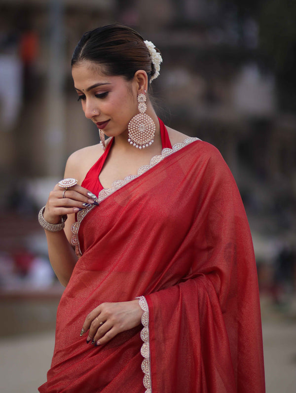 Banarasee Handwoven Shimmer Silk Saree With Lace-Red