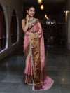 Banarasee Handwoven Tissue Saree With Zari Woven Design Contrast Border & Lace-Light Pink & Brown