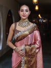Banarasee Handwoven Tissue Saree With Zari Woven Design Contrast Border & Lace-Light Pink & Brown