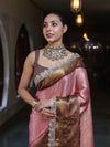 Banarasee Handwoven Tissue Saree With Zari Woven Design Contrast Border & Lace-Light Pink & Brown