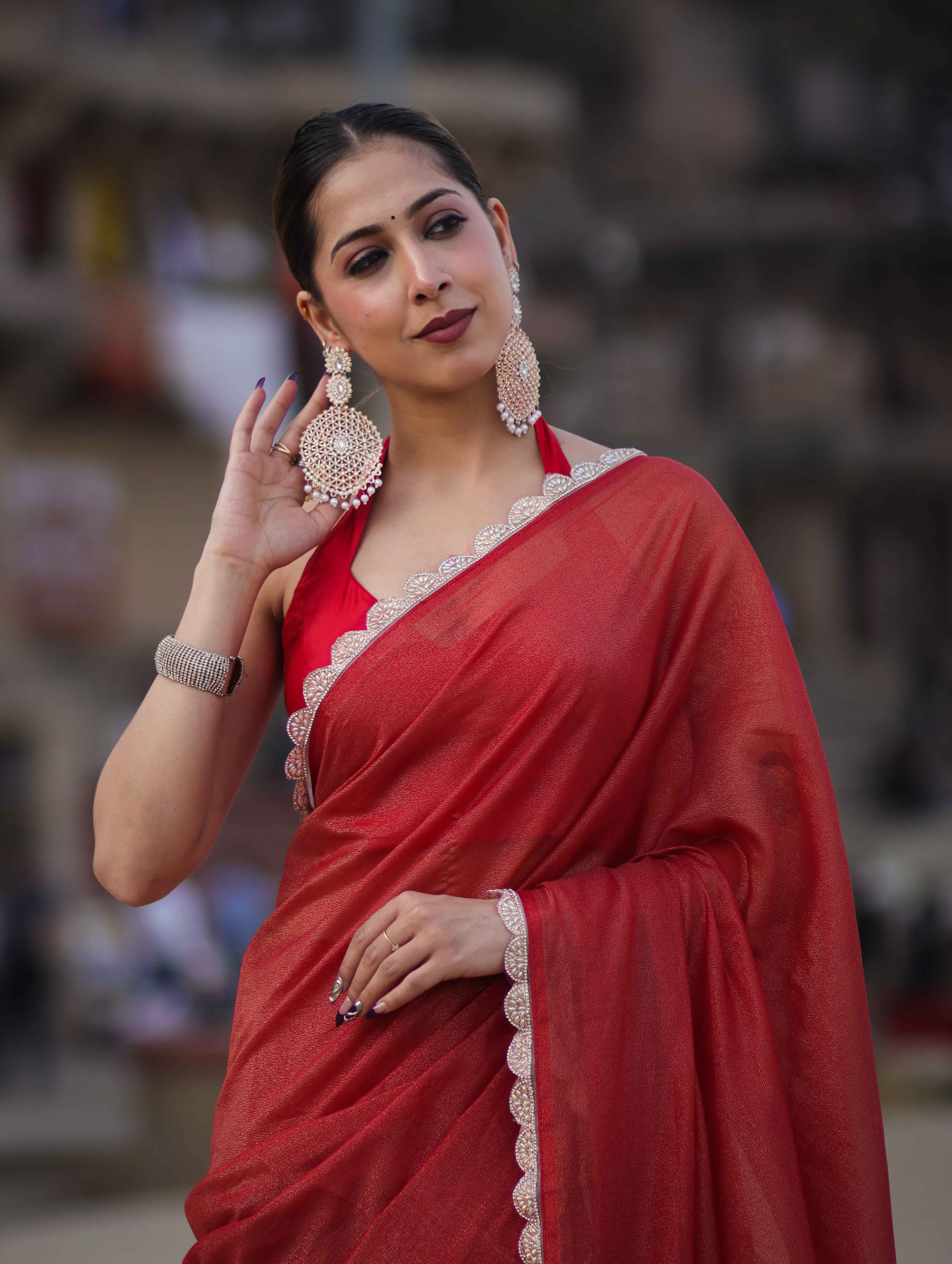 Banarasee Handwoven Shimmer Silk Saree With Lace-Red