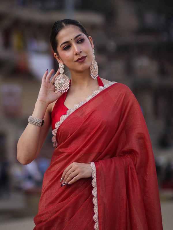 Banarasee Handwoven Shimmer Silk Saree With Lace-Red