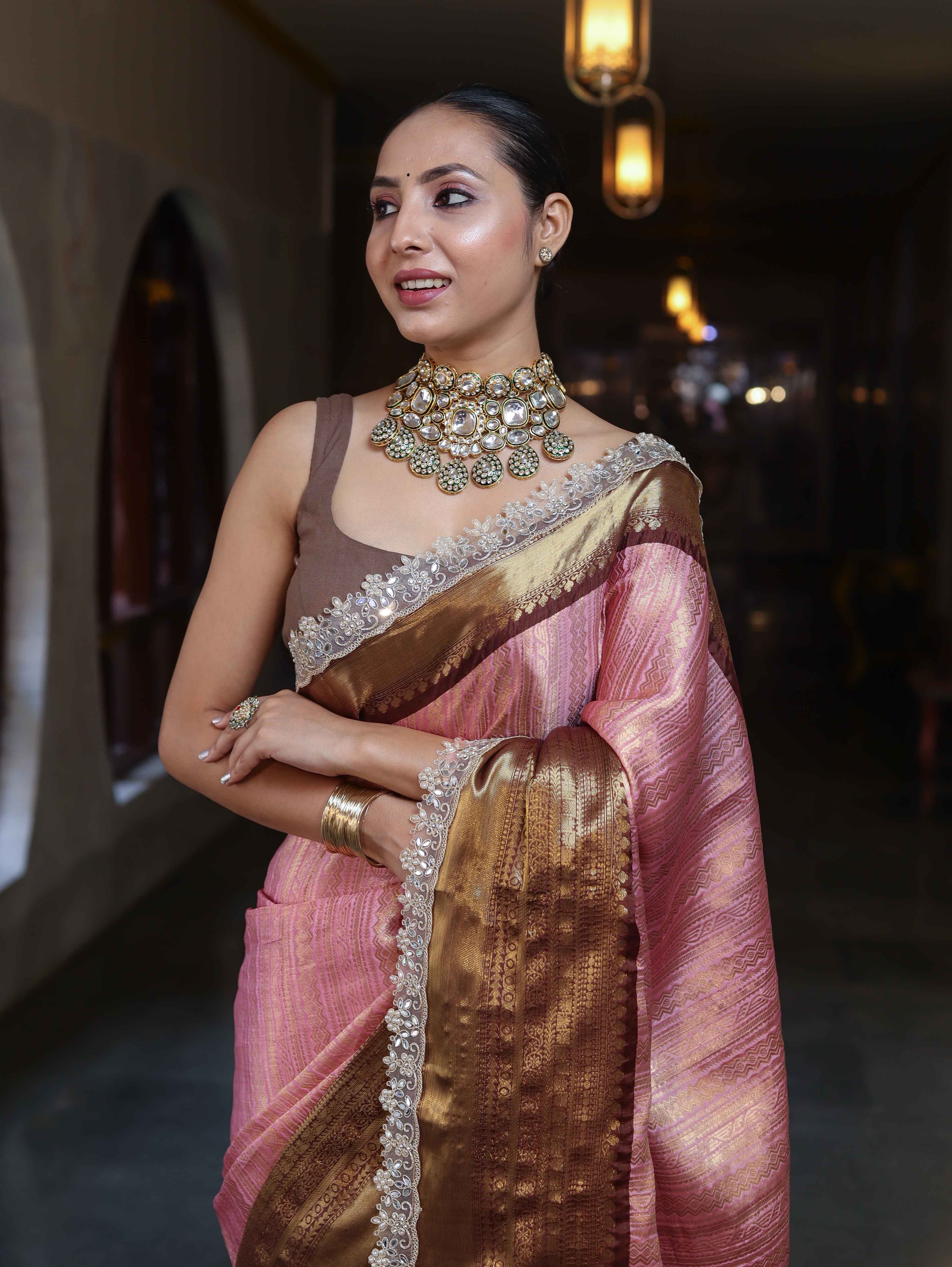 Banarasee Handwoven Tissue Saree With Zari Woven Design Contrast Border & Lace-Light Pink & Brown