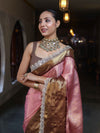 Banarasee Handwoven Tissue Saree With Zari Woven Design Contrast Border & Lace-Light Pink & Brown