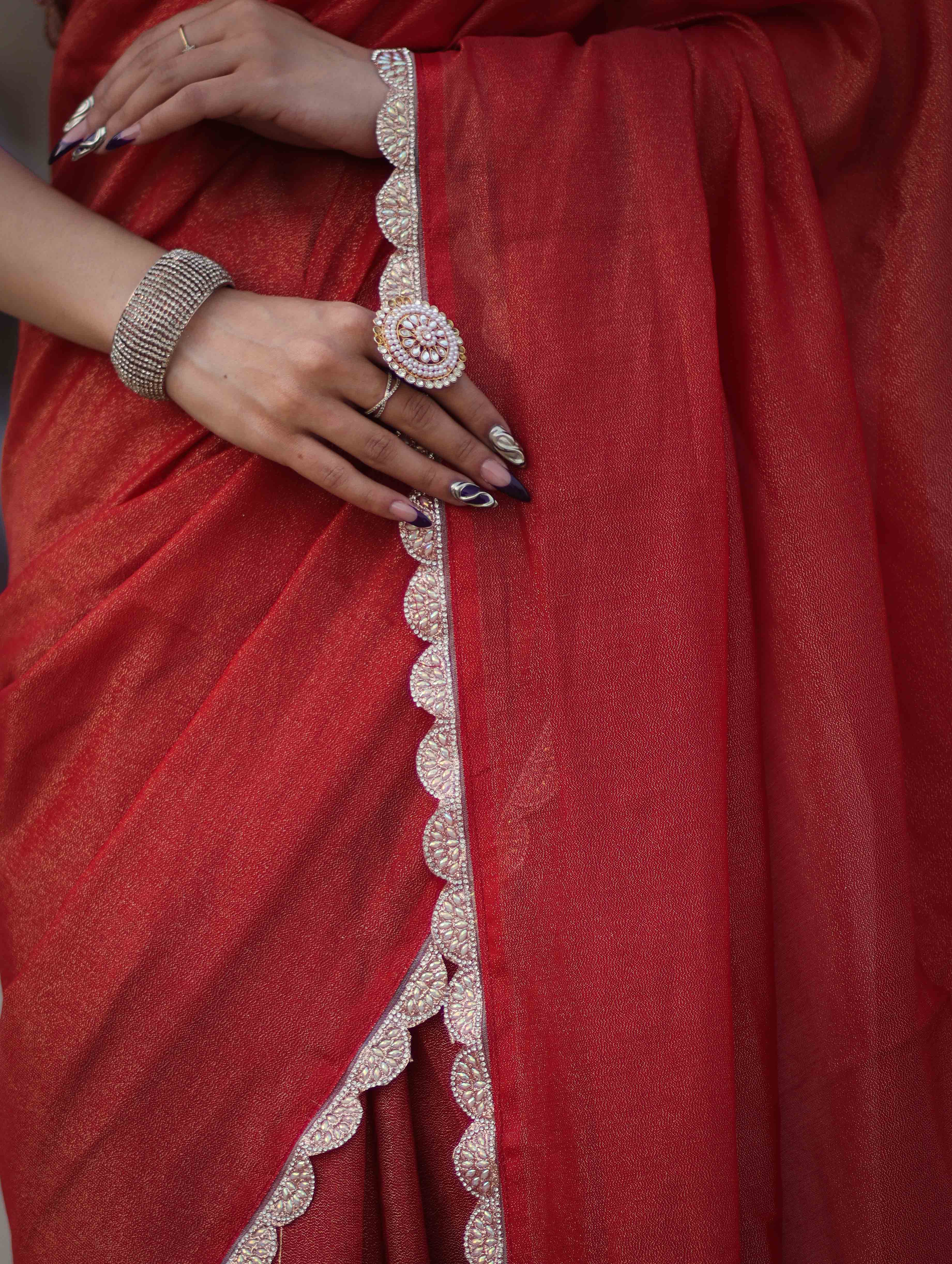 Banarasee Handwoven Shimmer Silk Saree With Lace-Red