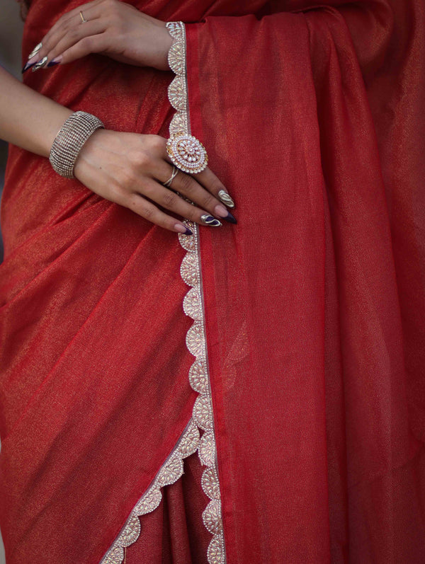 Banarasee Handwoven Shimmer Silk Saree With Lace-Red