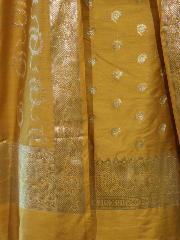 Banarasee Zari Embroidered Chanderi Silk Salwar Kameez With Dupatta Set-Mustard Yellow