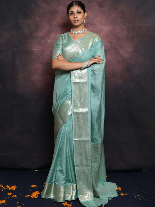 Banarasee Handwoven Semi Silk Saree With Silver Zari Border-Pastel Green