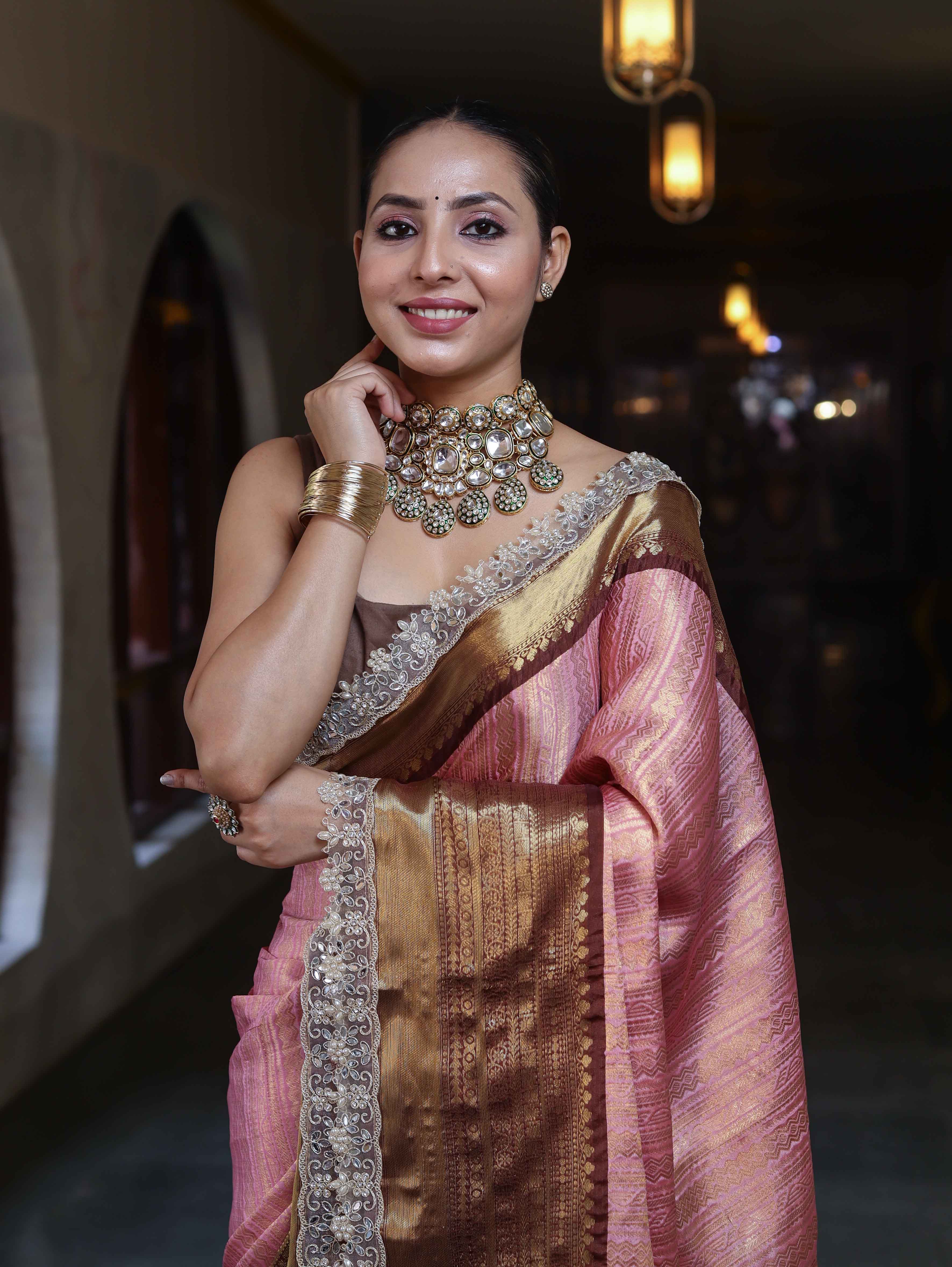 Banarasee Handwoven Tissue Saree With Zari Woven Design Contrast Border & Lace-Light Pink & Brown