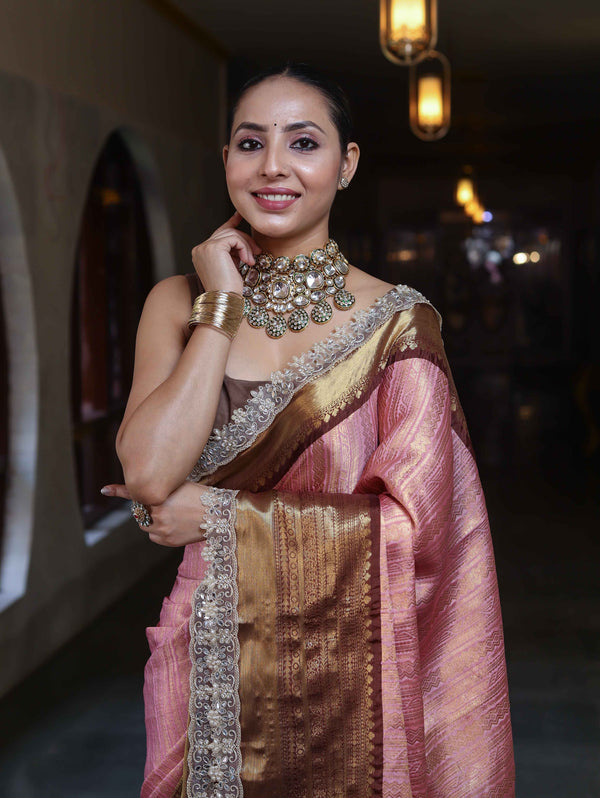 Banarasee Handwoven Tissue Saree With Zari Woven Design Contrast Border & Lace-Light Pink & Brown