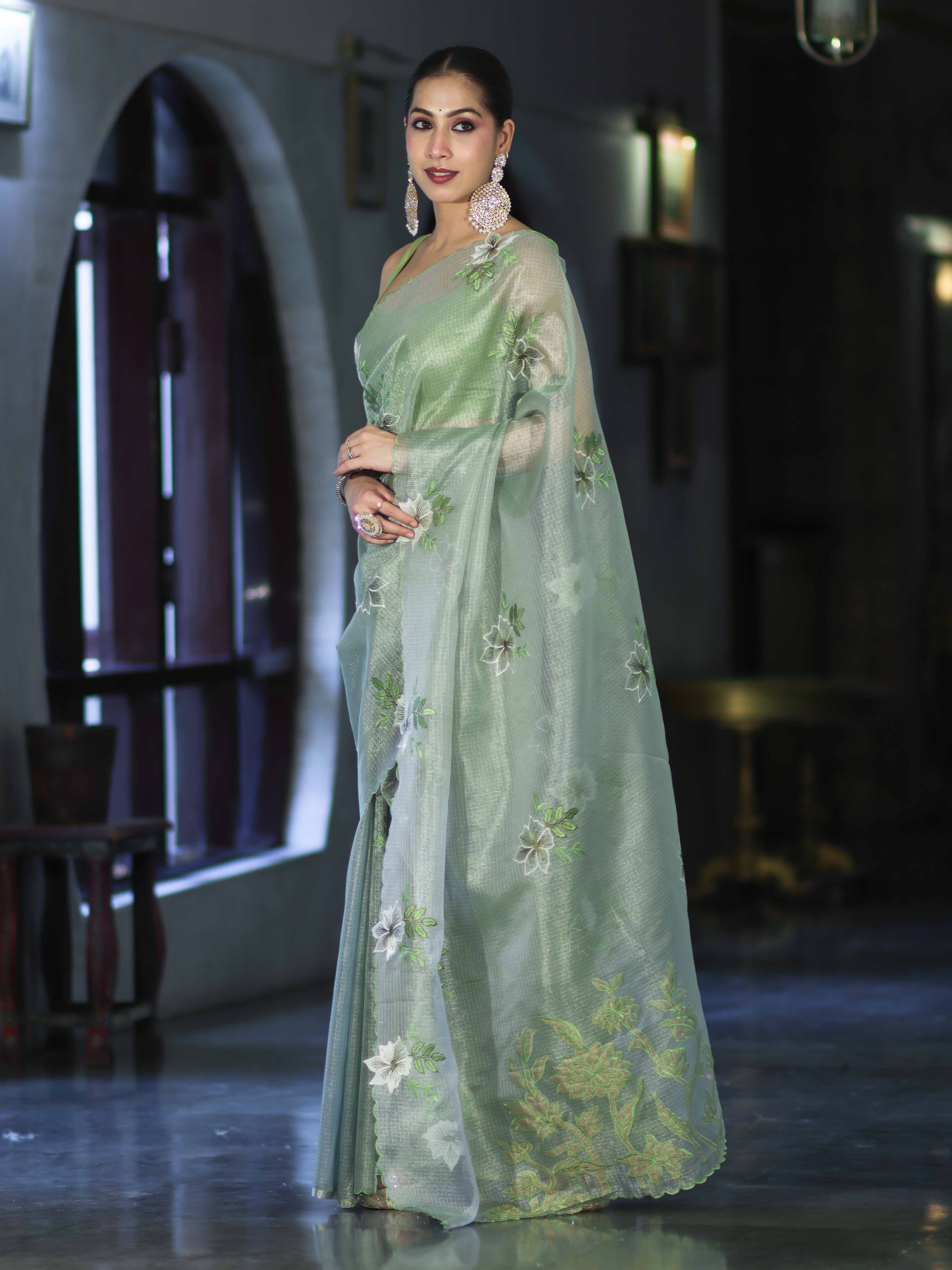 Banarasee Tissue Saree With Resham Embroidery Applique Work Pallu & Scallop Border-Light Green
