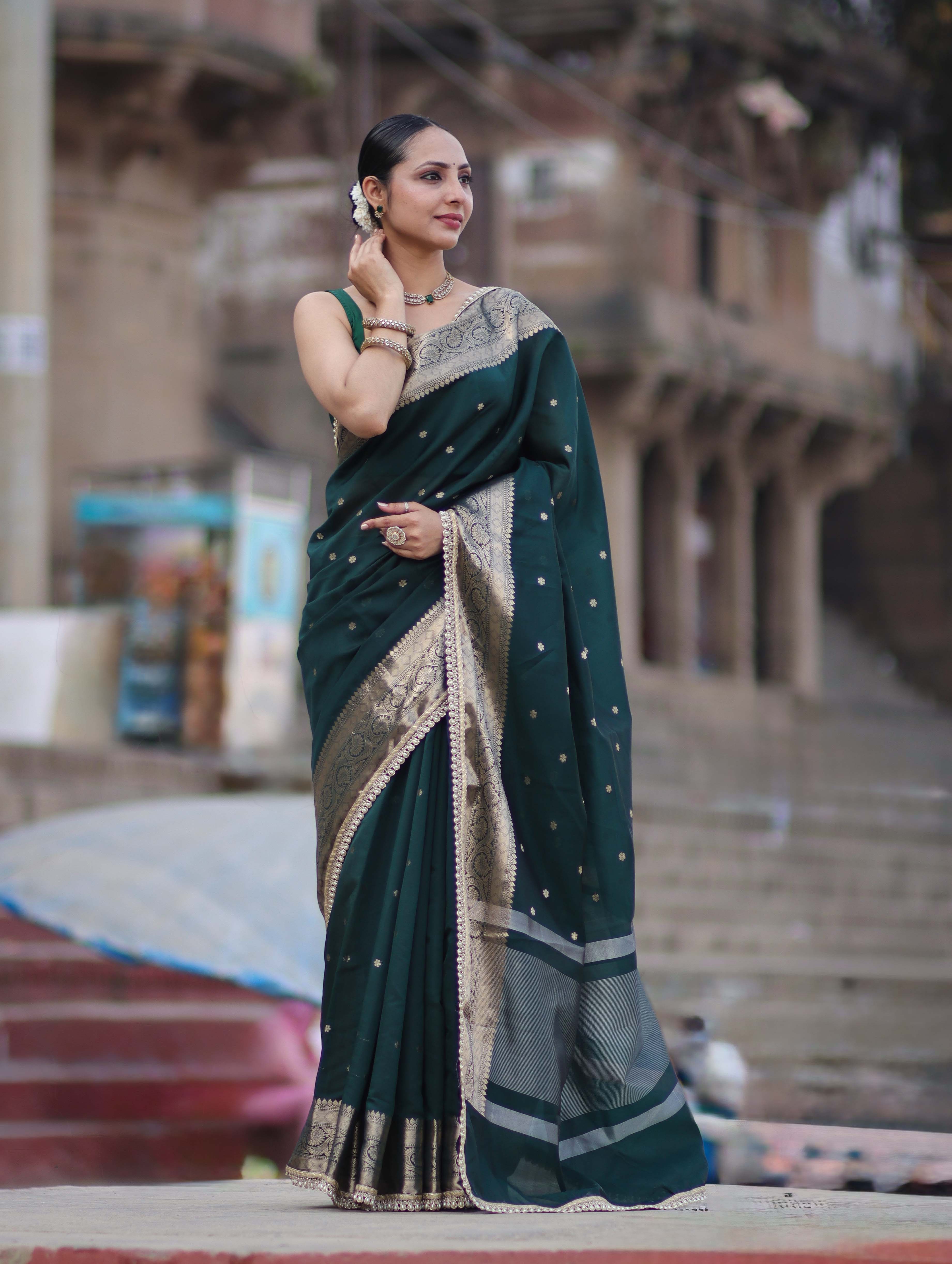 Banarasee Handloom Semi Silk Saree With Buti Design Zari Border & Lace-Deep Green