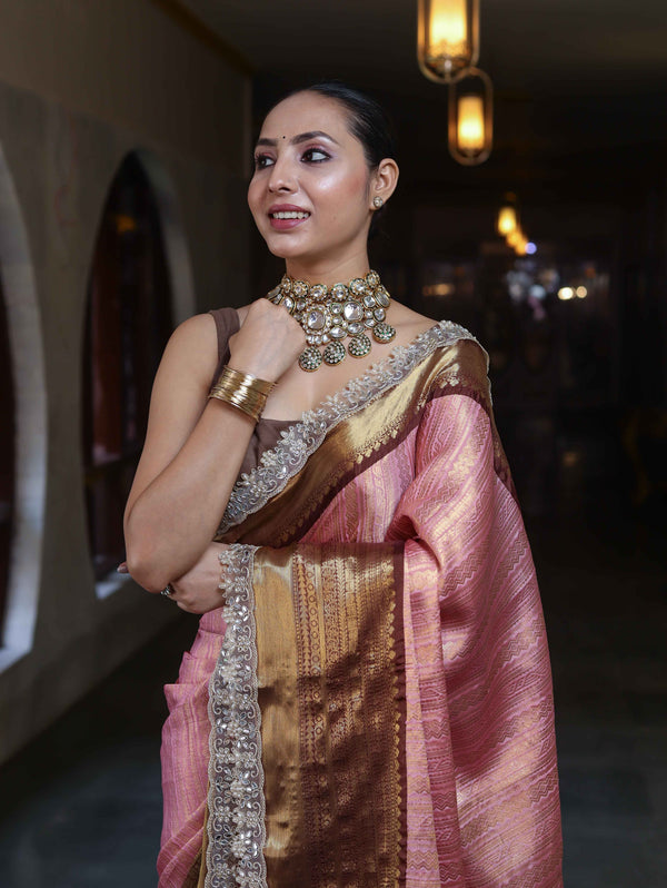 Banarasee Handwoven Tissue Saree With Zari Woven Design Contrast Border & Lace-Light Pink & Brown