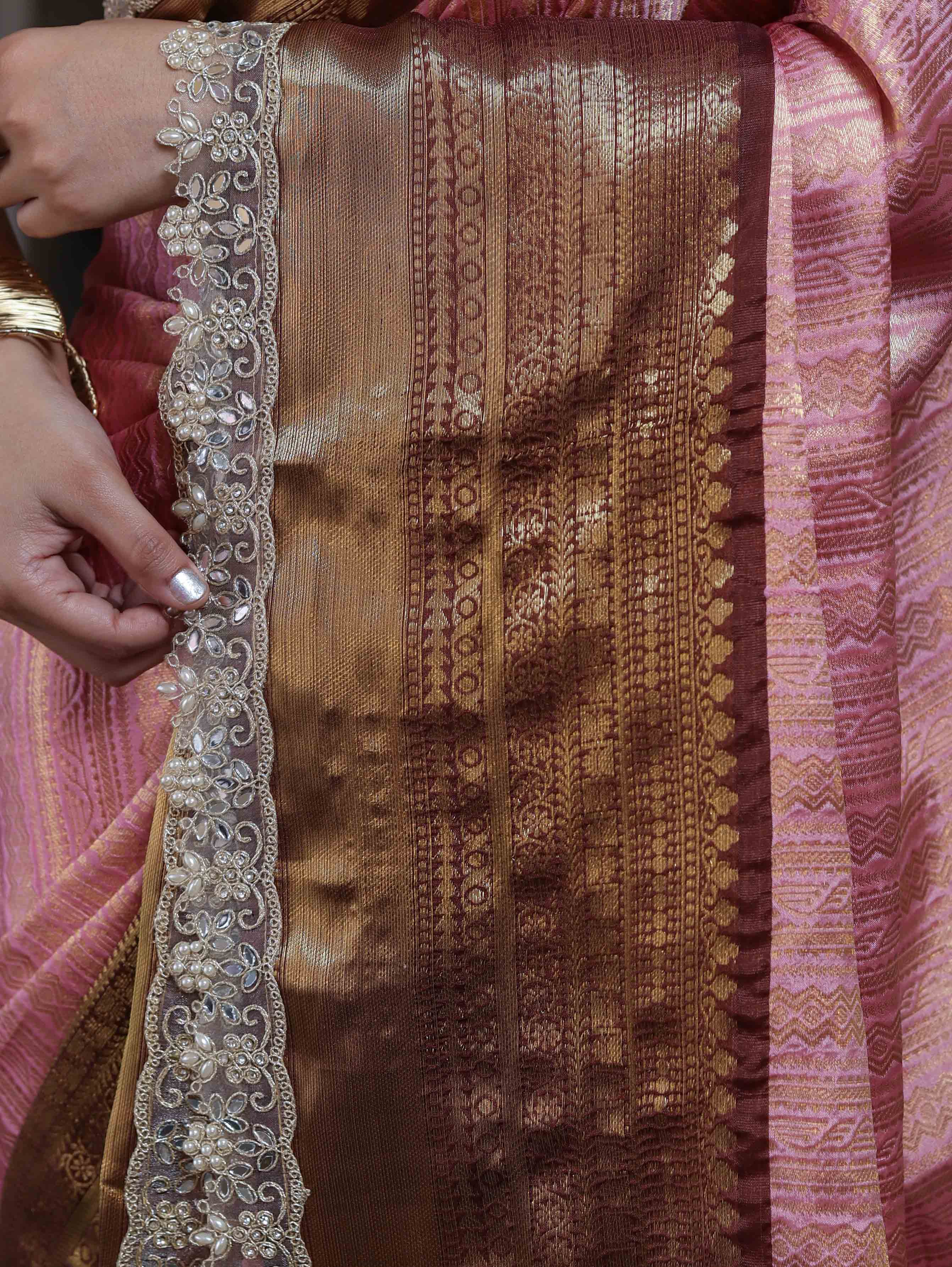 Banarasee Handwoven Tissue Saree With Zari Woven Design Contrast Border & Lace-Light Pink & Brown