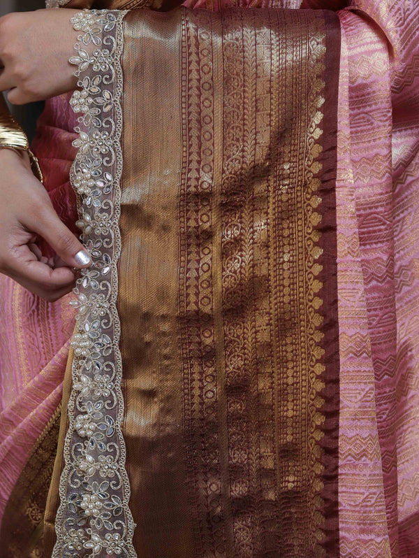 Banarasee Handwoven Tissue Saree With Zari Woven Design Contrast Border & Lace-Light Pink & Brown
