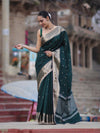 Banarasee Handloom Semi Silk Saree With Buti Design Zari Border & Lace-Deep Green