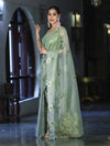 Banarasee Tissue Saree With Resham Embroidery Applique Work Pallu & Scallop Border-Light Green
