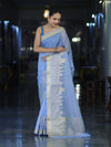 Banarasee Handloom Semi Silk Plain Saree With Ganga Ghat Zari Border-Light Blue