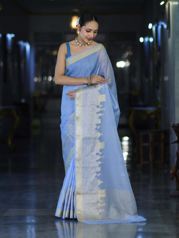 Banarasee Handloom Semi Silk Plain Saree With Ganga Ghat Zari Border-Light Blue