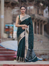 Banarasee Handloom Semi Silk Saree With Buti Design Zari Border & Lace-Deep Green
