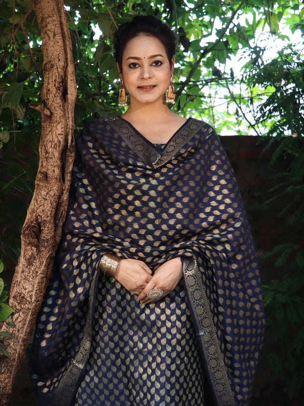 Banarasee Cotton Silk Zari Woven Salwar Kameez Dupatta Set-Navy Blue