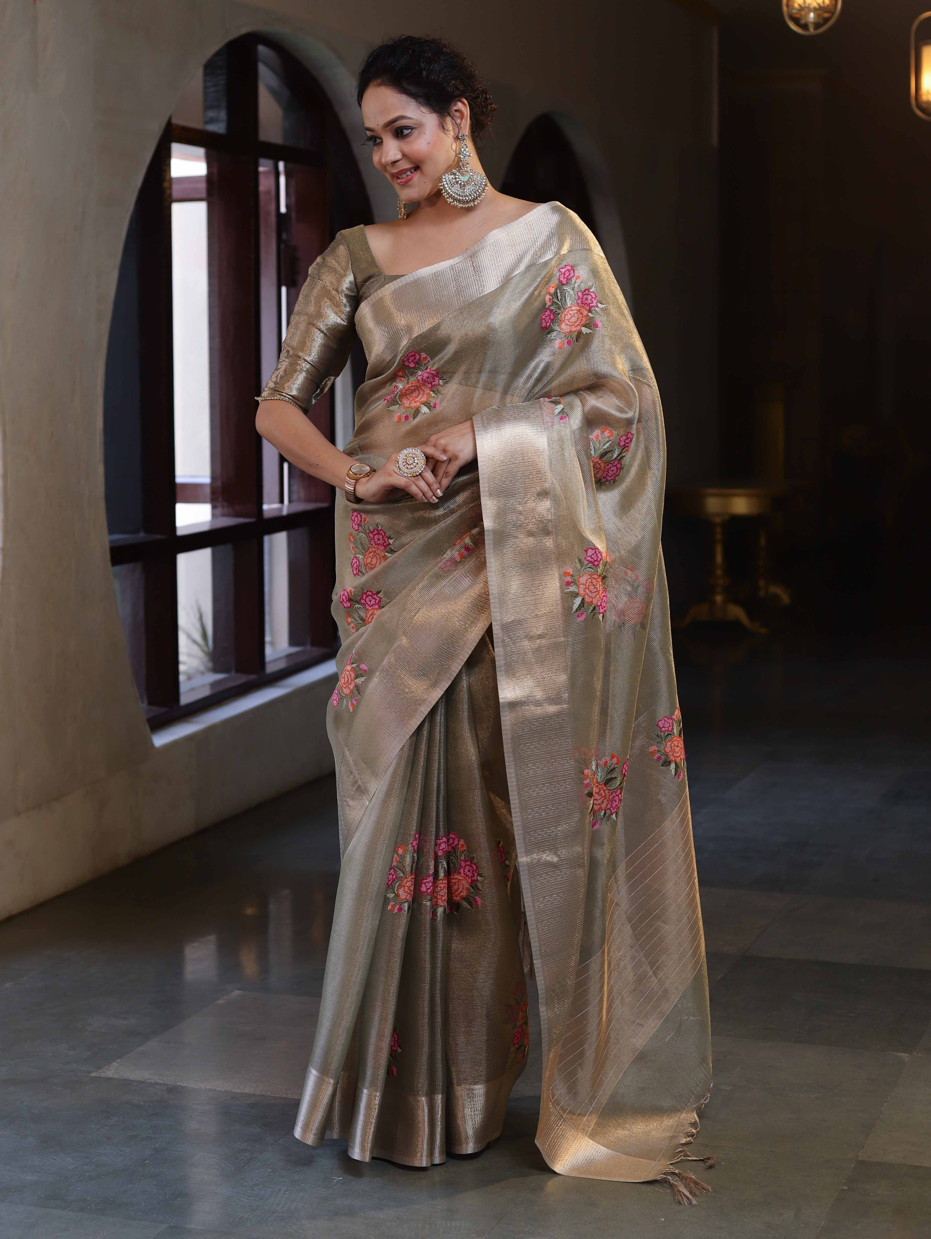 Banarasee Handwoven Tissue Saree With Thread Embroidered Buta & Zari Border-Gold