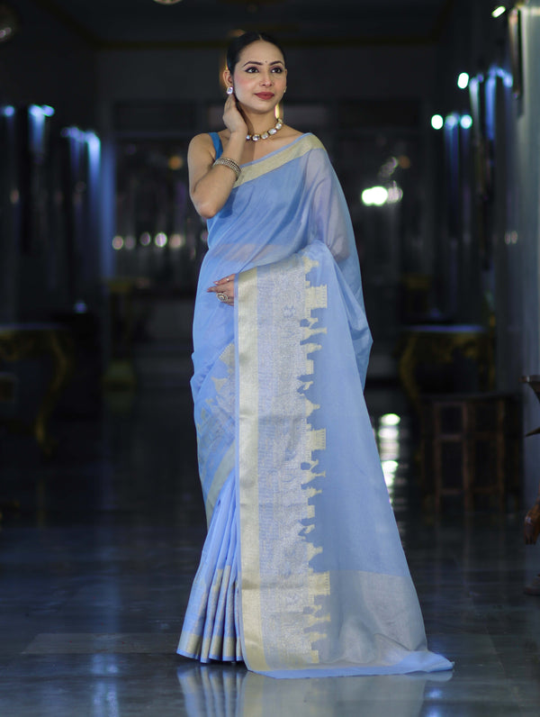 Banarasee Handloom Semi Silk Plain Saree With Ganga Ghat Zari Border-Light Blue