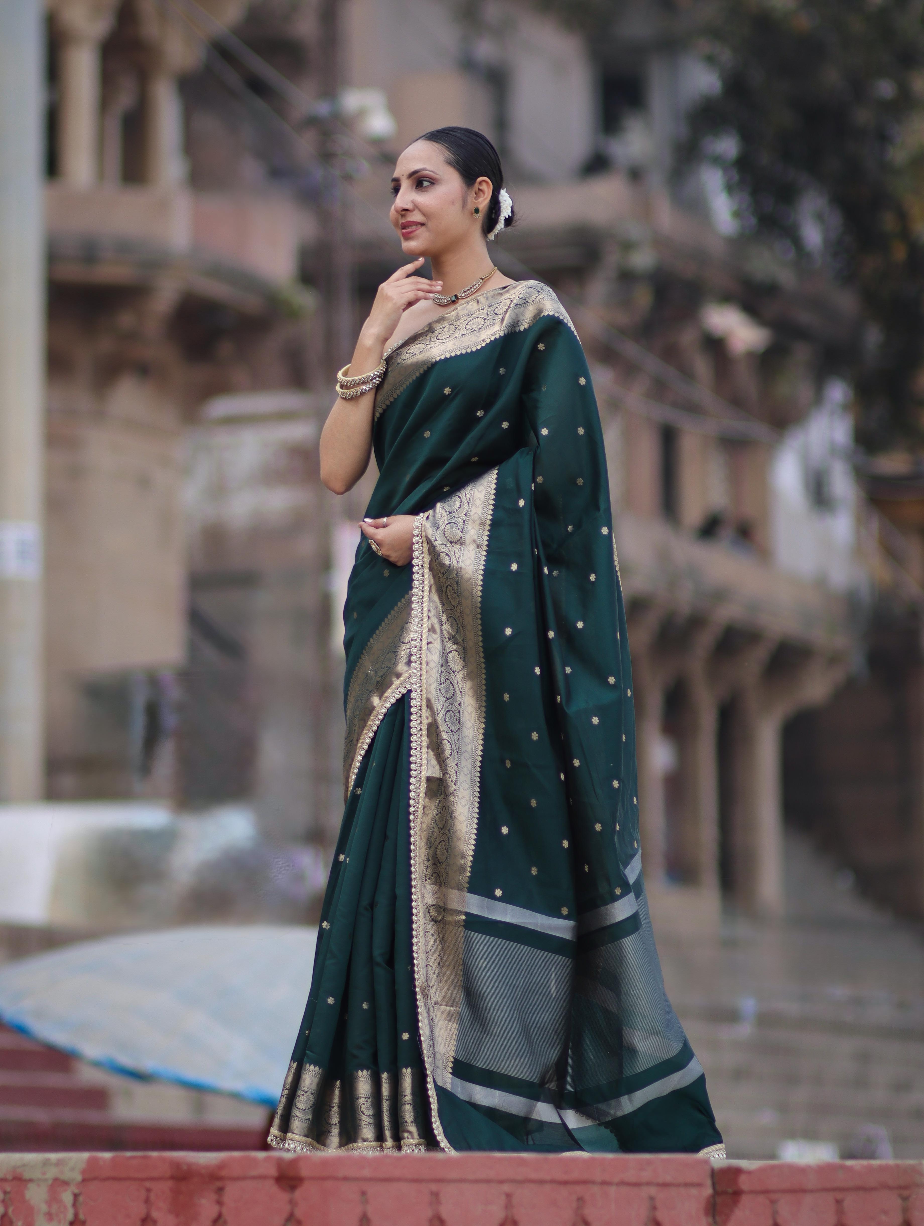 Banarasee Handloom Semi Silk Saree With Buti Design Zari Border & Lace-Deep Green