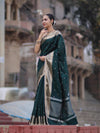 Banarasee Handloom Semi Silk Saree With Buti Design Zari Border & Lace-Deep Green