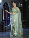 Banarasee Tissue Saree With Resham Embroidery Applique Work Pallu & Scallop Border-Light Green